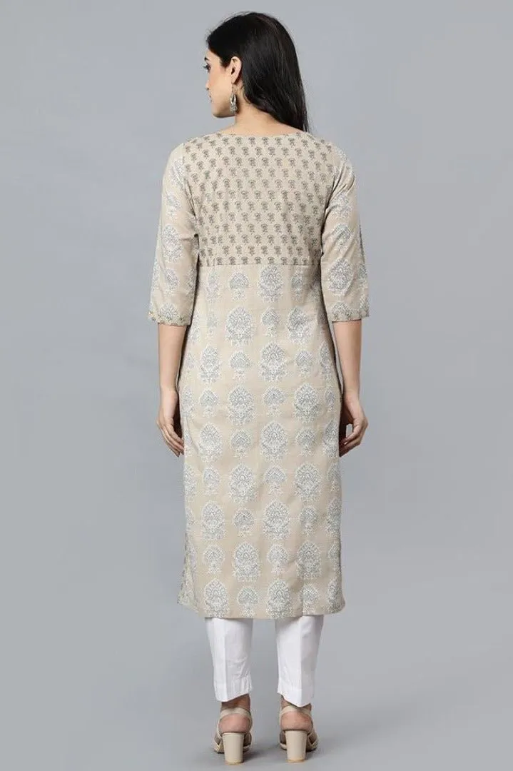 Beige Buta Cotton Long Kurta