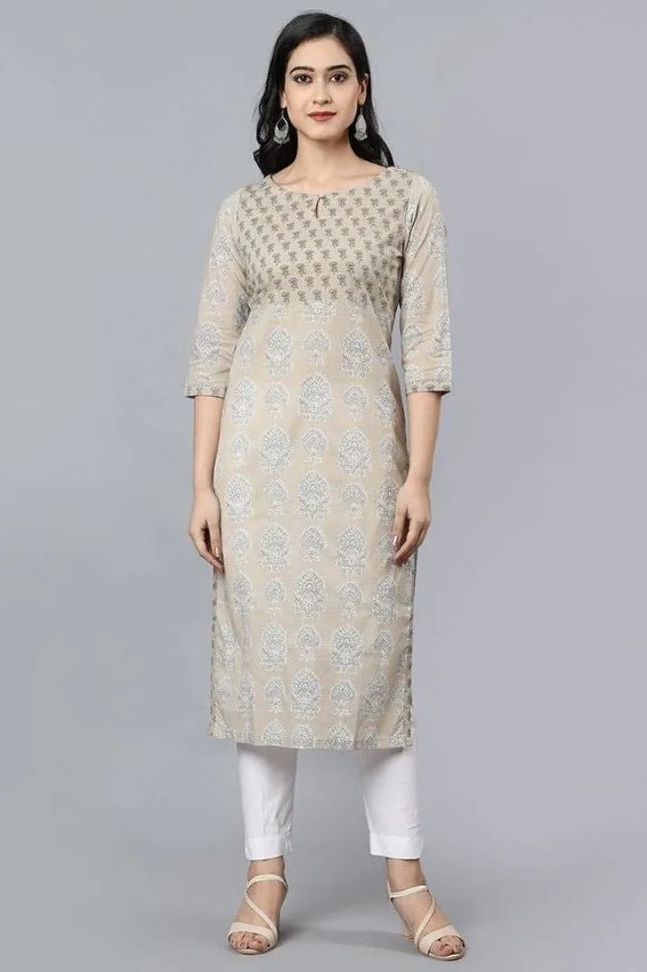 Beige Buta Cotton Long Kurta