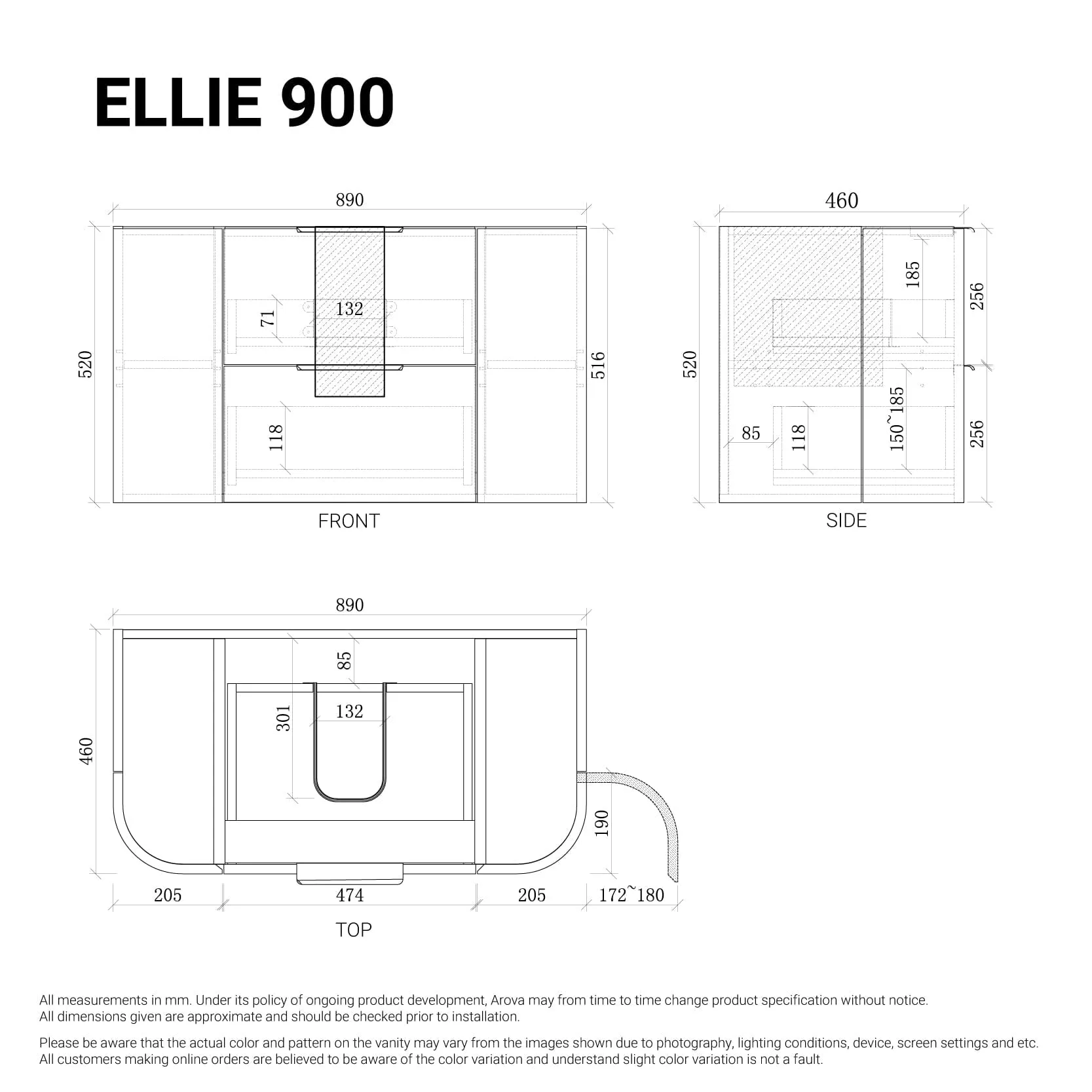 Ellie 900mm Curved Wall Hung Vanity