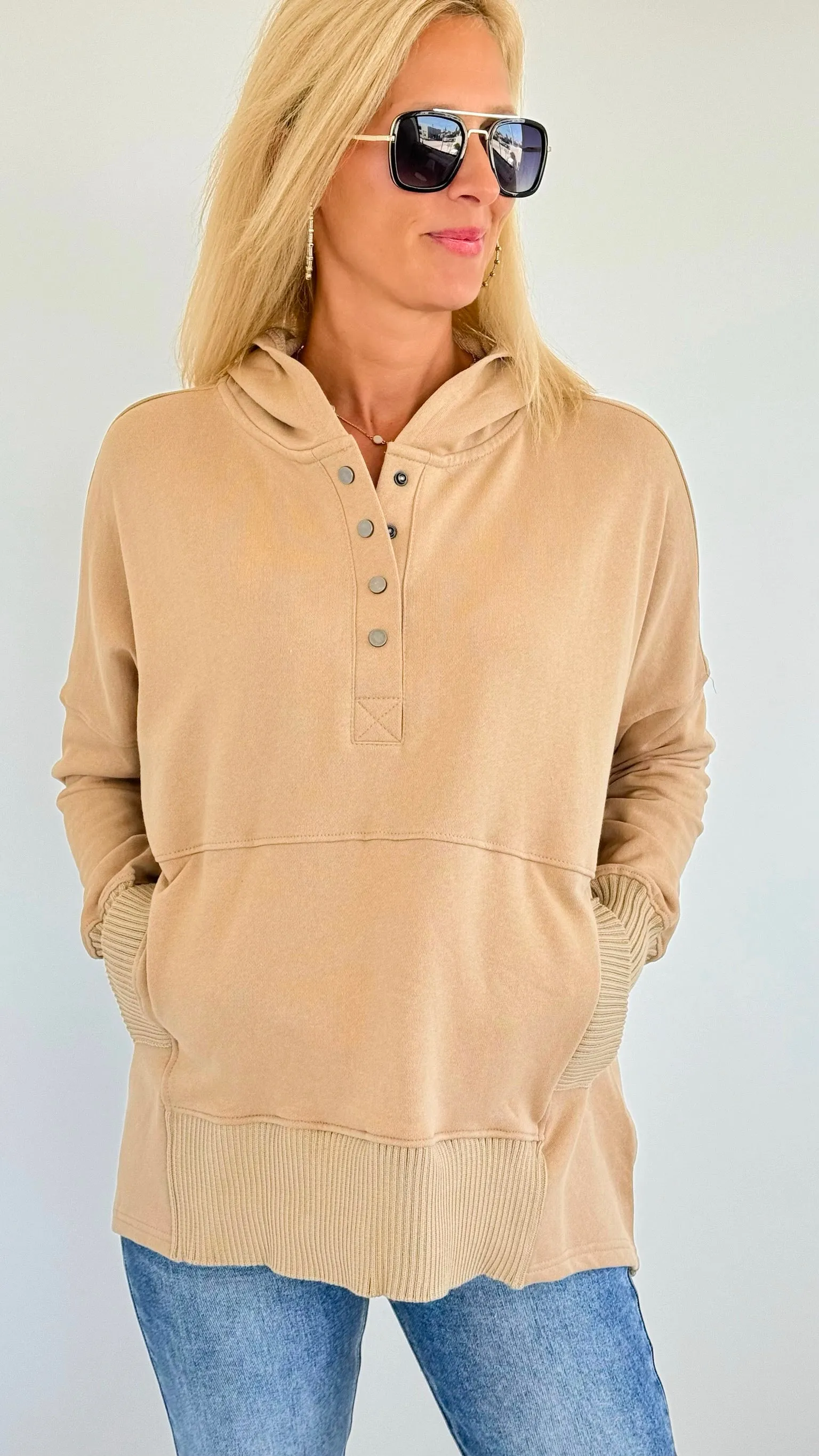 French Terry Buttoned Down Hoodie - Taupe