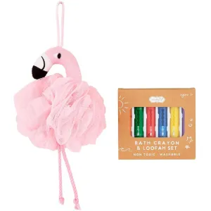 Mud Pie Flamingo Loofah & Bath Crayon Set