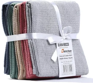 Pack of 5 Ultra Absorbent Waffle Kitchen Tea Towels High-Quality Soft Cotton Assorted Colours Durable for Home and Catering Use by OLIVIA ROCCO
