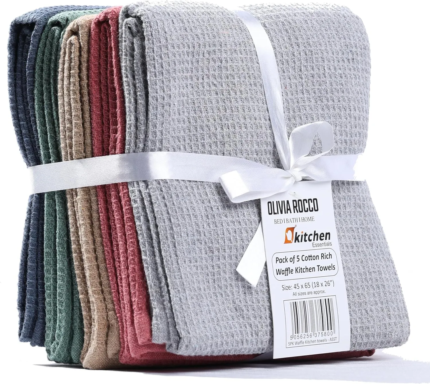 Pack of 5 Ultra Absorbent Waffle Kitchen Tea Towels High-Quality Soft Cotton Assorted Colours Durable for Home and Catering Use by OLIVIA ROCCO